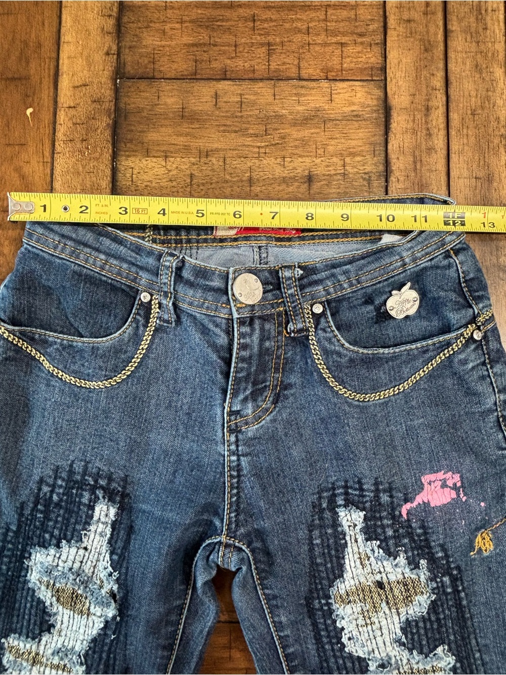 Y2K Vintage Apple Bottoms Dark Blue Distressed Embroidered Skinny Jeans - Picture 11 of 13